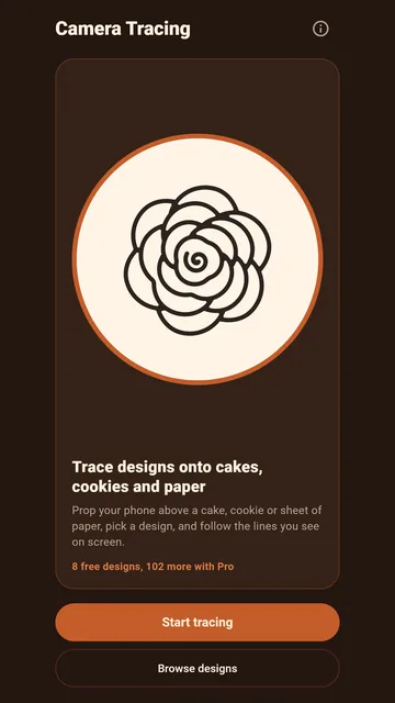 Camera Tracing: Craft & Cake home screen with a rose design, Start tracing and Browse designs buttons