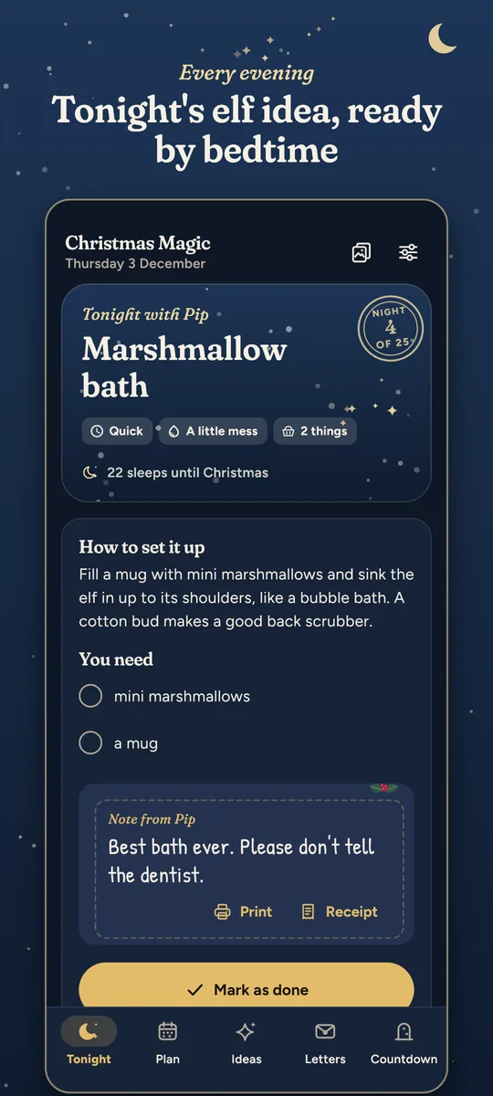 Tonight's elf idea, ready by bedtime, on the calm Candlelight screen