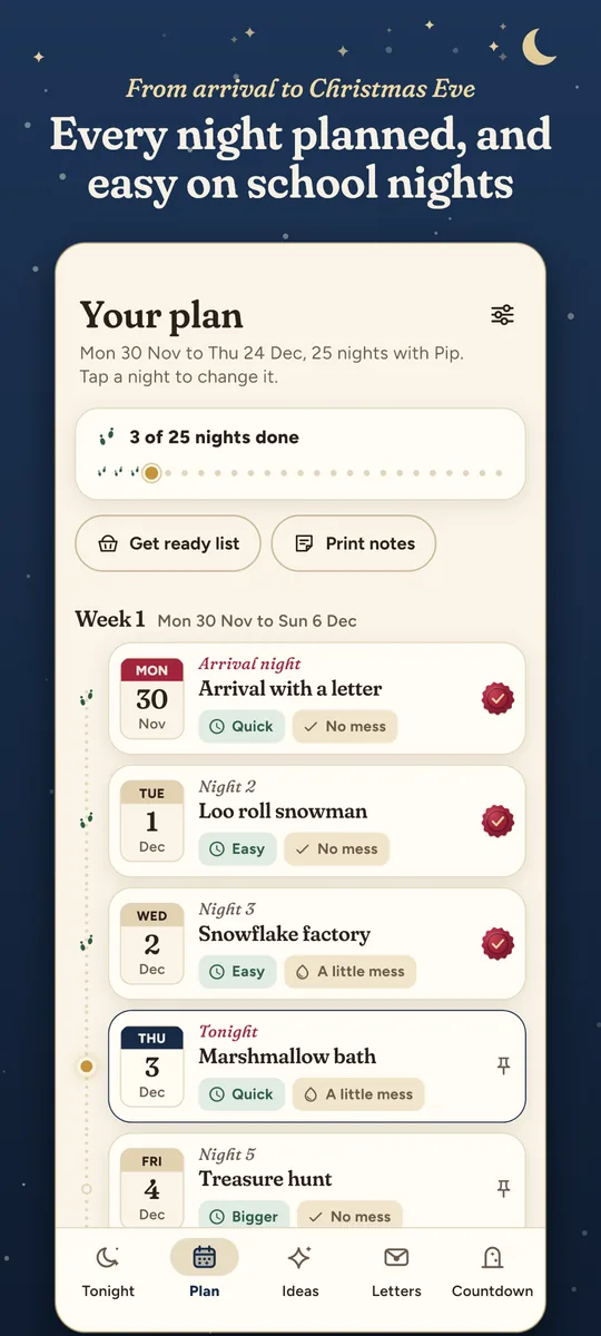 Every night planned from arrival to Christmas Eve, easy on school nights