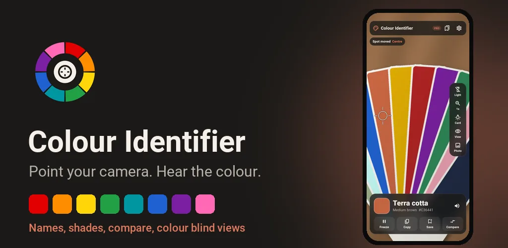 Colour Identifier feature graphic: point your camera and hear the colour