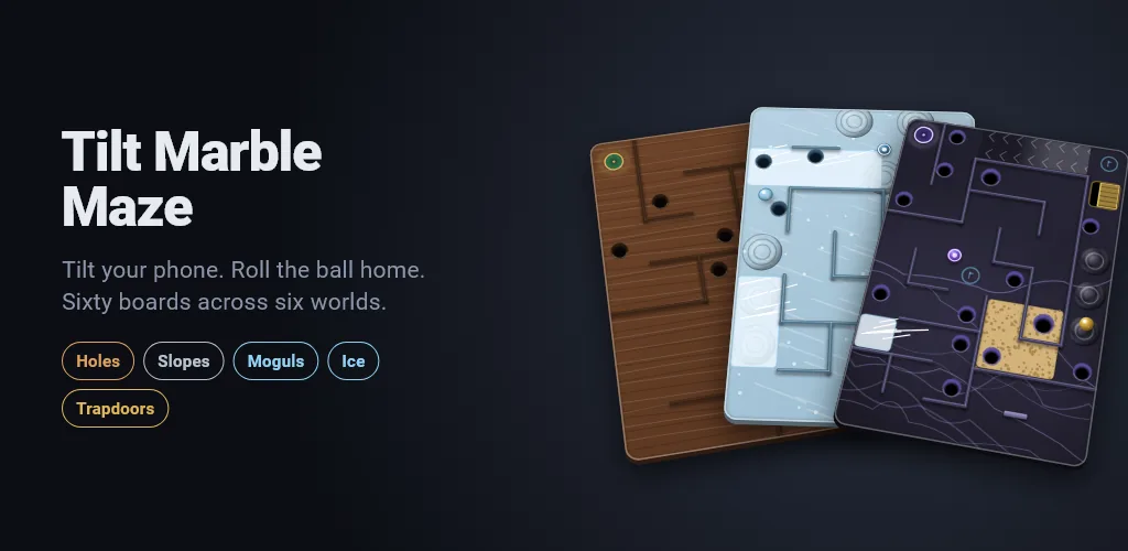 Tilt Marble Maze feature graphic: Roll a marble through a wooden maze