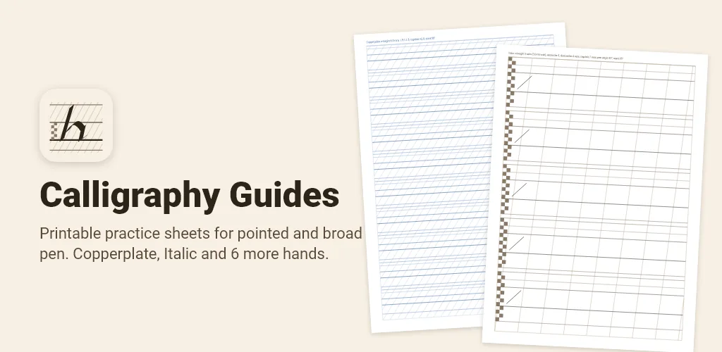 Calligraphy Guides feature graphic: practice sheets for pointed and broad pen