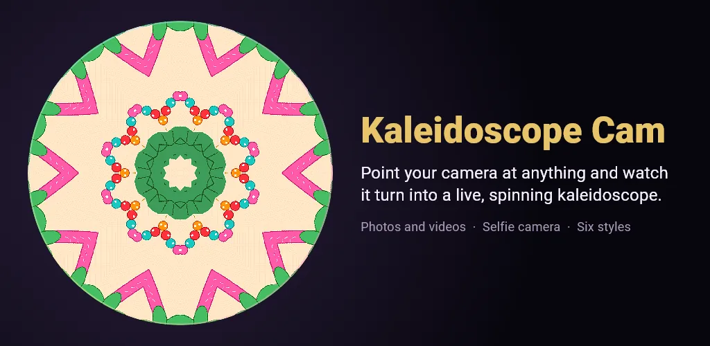 Kaleidoscope Cam feature graphic: a live camera kaleidoscope disc