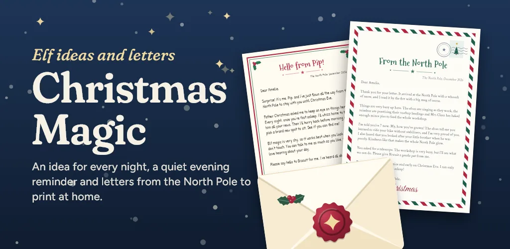 Christmas Magic: a letter from the elf and one from the North Pole beside an envelope with a red wax seal, under a starry midnight sky