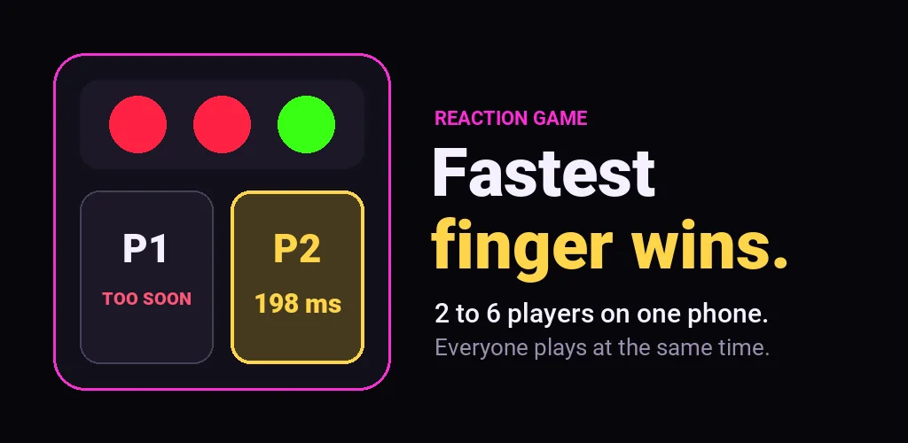 Reaction Game feature graphic: Fastest finger wins, 2 to 6 players on one phone
