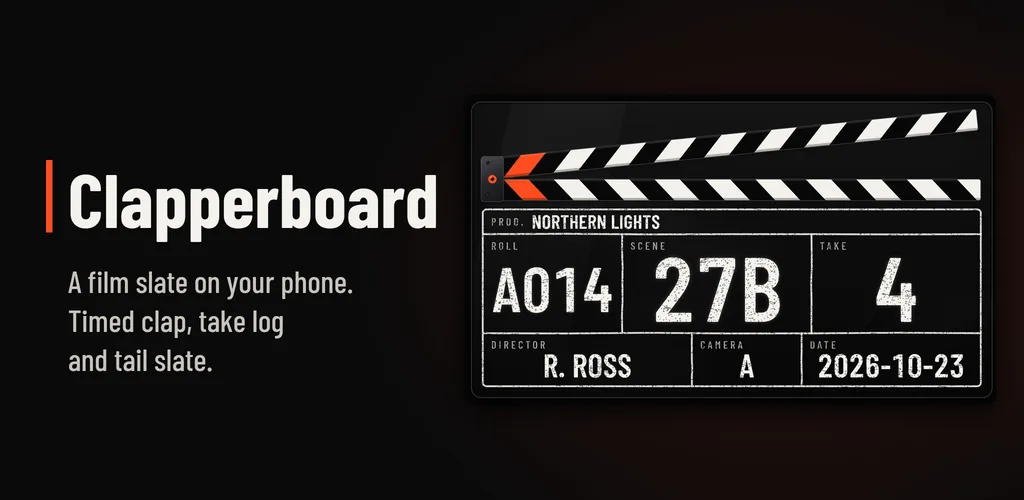 Film Clapperboard: Slate feature graphic: Timed clap and take log