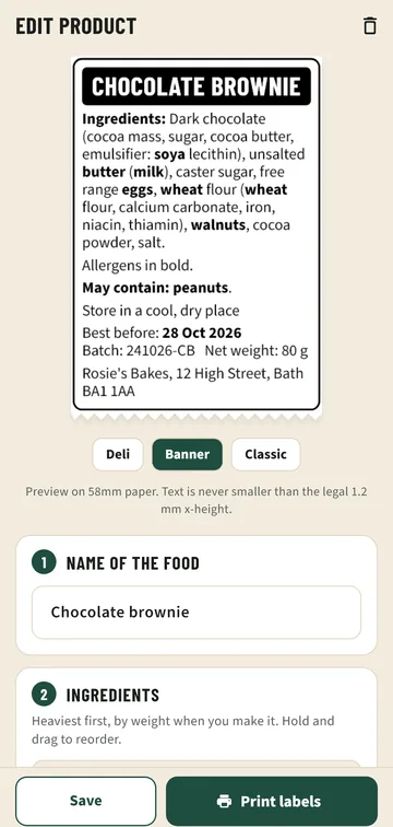 A chocolate brownie label in the Banner style, with the allergens in bold