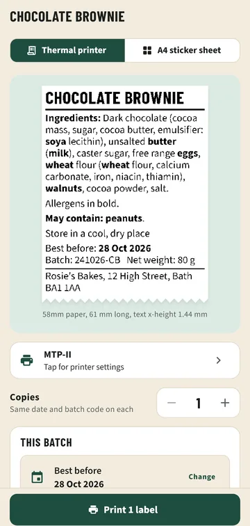 The brownie label ready to print on a 58mm Bluetooth thermal printer, with its text x-height shown