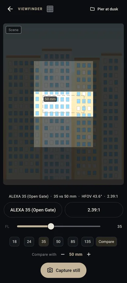 Live frame for ALEXA 35 at 35 mm, with a 50 mm compare frame